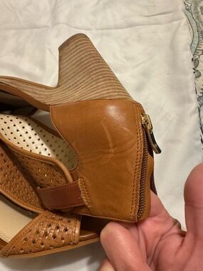 Vince Camuto Cognac Leather Peep-Toe Mules with Back Zip